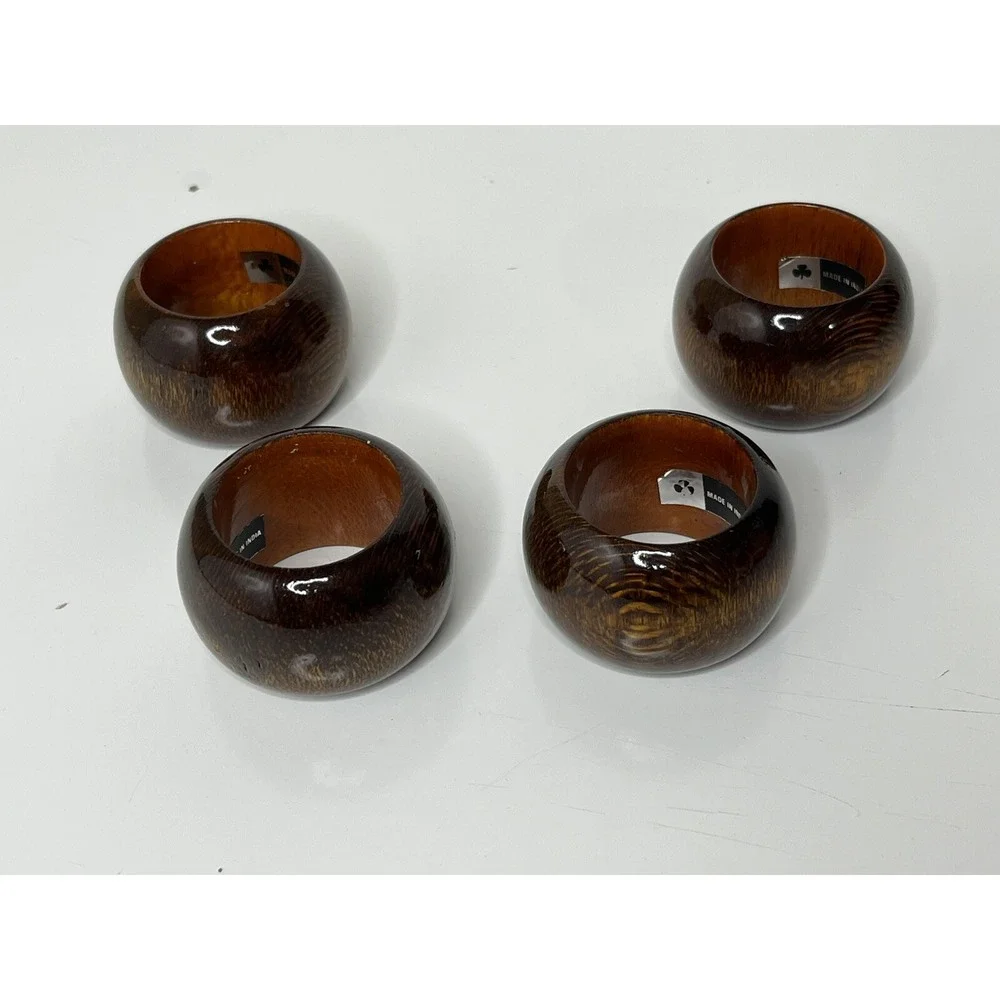 Wooden Glazed Wood Grain Brown Round Napkin Rings Set of 4 India